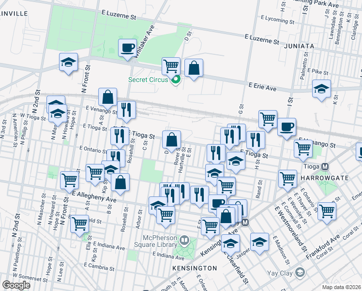 map of restaurants, bars, coffee shops, grocery stores, and more near 559 East Tioga Street in Philadelphia