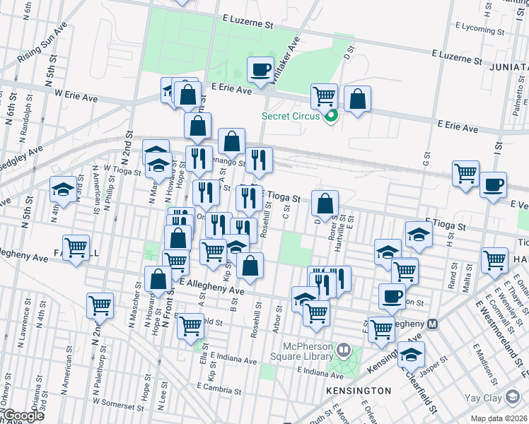 map of restaurants, bars, coffee shops, grocery stores, and more near 332-52 East Tioga Street in Philadelphia