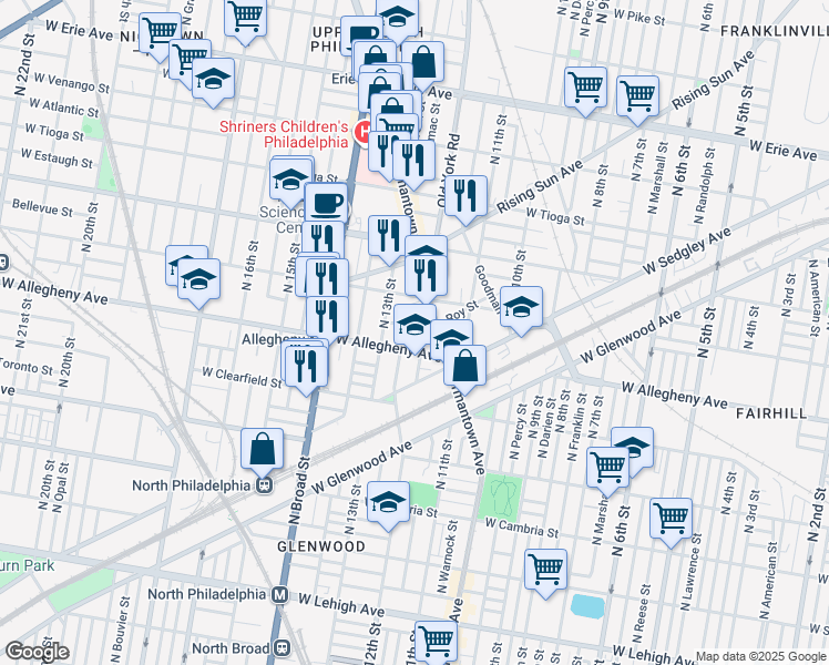 map of restaurants, bars, coffee shops, grocery stores, and more near 1239 West Hilton Street in Philadelphia