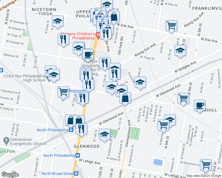 map of restaurants, bars, coffee shops, grocery stores, and more near 1233 West Hilton Street in Philadelphia