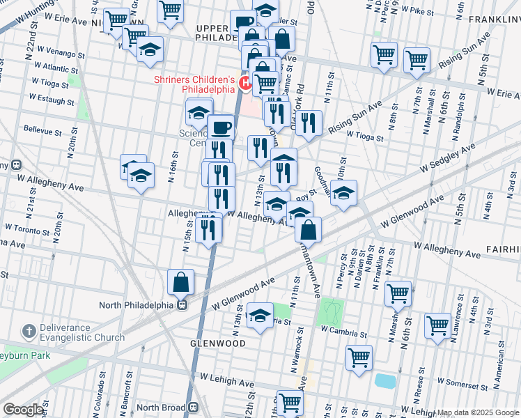 map of restaurants, bars, coffee shops, grocery stores, and more near 1239 West Hilton Street in Philadelphia