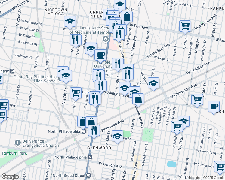 map of restaurants, bars, coffee shops, grocery stores, and more near 3219 North Park Avenue in Philadelphia
