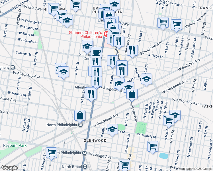 map of restaurants, bars, coffee shops, grocery stores, and more near 3219 North Park Avenue in Philadelphia