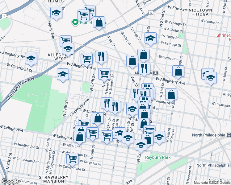 map of restaurants, bars, coffee shops, grocery stores, and more near 2453 West Toronto Street in Philadelphia