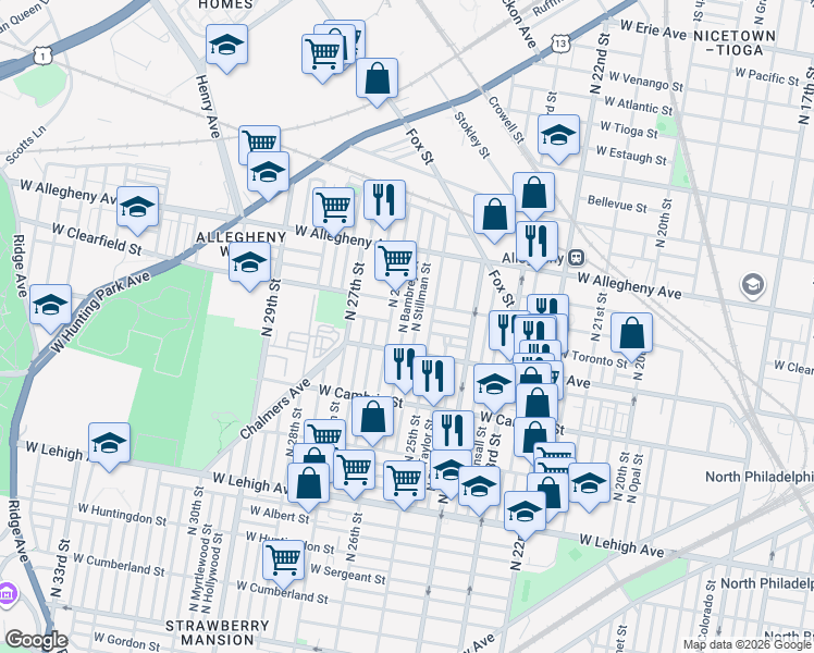 map of restaurants, bars, coffee shops, grocery stores, and more near 3045 North 26th Street in Philadelphia