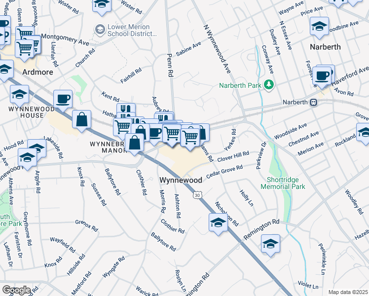 map of restaurants, bars, coffee shops, grocery stores, and more near 50 East Wynnewood Road in Wynnewood
