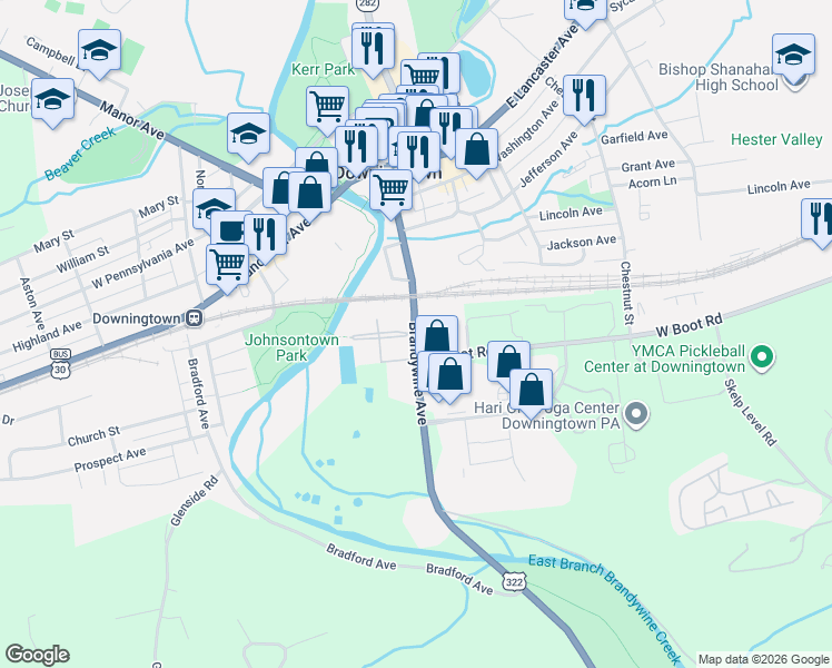 map of restaurants, bars, coffee shops, grocery stores, and more near 307 Brandywine Avenue in Downingtown