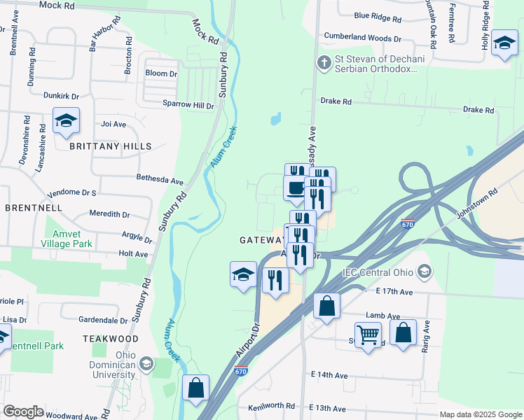 map of restaurants, bars, coffee shops, grocery stores, and more near 2125 Ackley Place in Columbus