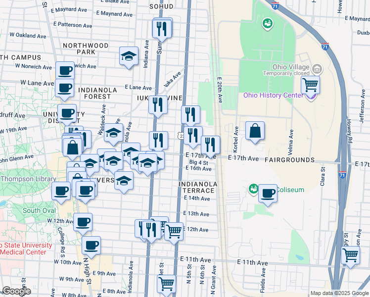 map of restaurants, bars, coffee shops, grocery stores, and more near in Columbus
