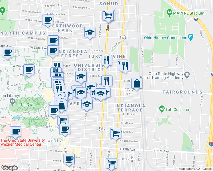 map of restaurants, bars, coffee shops, grocery stores, and more near in Columbus