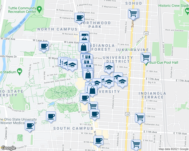 map of restaurants, bars, coffee shops, grocery stores, and more near 51 East 17th Avenue in Columbus