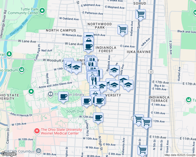 map of restaurants, bars, coffee shops, grocery stores, and more near 51 East 17th Avenue in Columbus