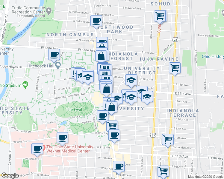 map of restaurants, bars, coffee shops, grocery stores, and more near 51 East 17th Avenue in Columbus