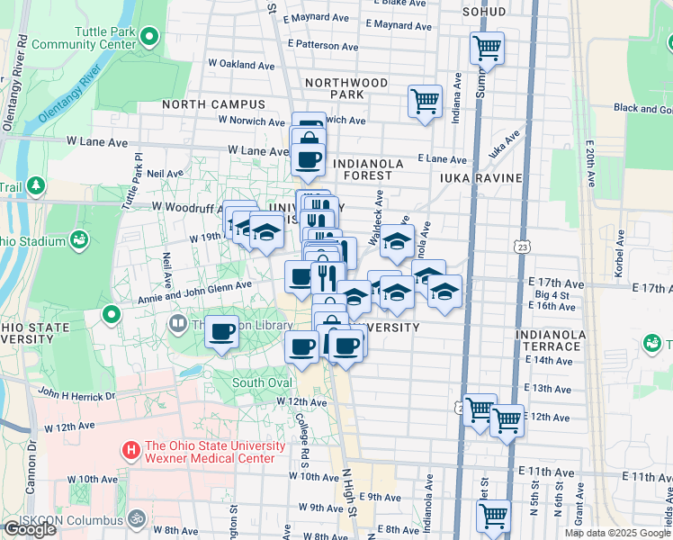 map of restaurants, bars, coffee shops, grocery stores, and more near 51 East 17th Avenue in Columbus