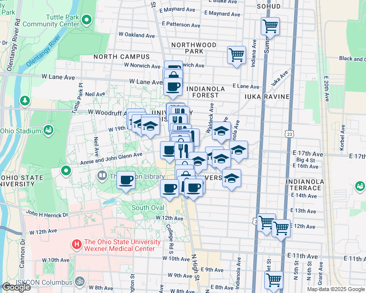 map of restaurants, bars, coffee shops, grocery stores, and more near 6 East 17th Avenue in Columbus