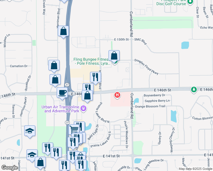 map of restaurants, bars, coffee shops, grocery stores, and more near 9600 East 146th Street in Noblesville