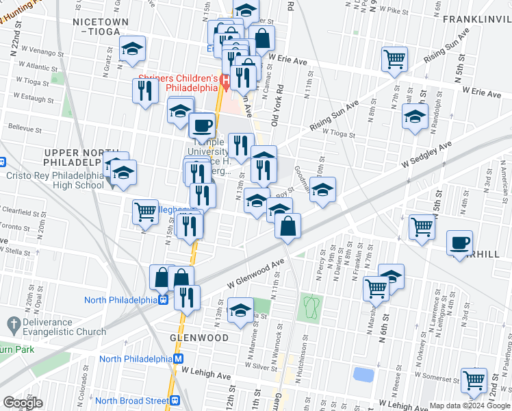 map of restaurants, bars, coffee shops, grocery stores, and more near 1239 West Hilton Street in Philadelphia