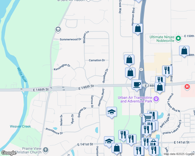 map of restaurants, bars, coffee shops, grocery stores, and more near 8815 147th Place in Noblesville