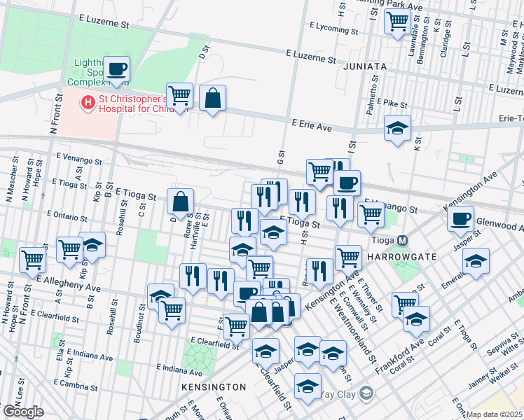 map of restaurants, bars, coffee shops, grocery stores, and more near 747 East Tioga Street in Philadelphia