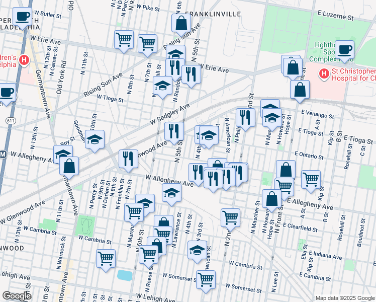 map of restaurants, bars, coffee shops, grocery stores, and more near 3322 North Lawrence Street in Philadelphia