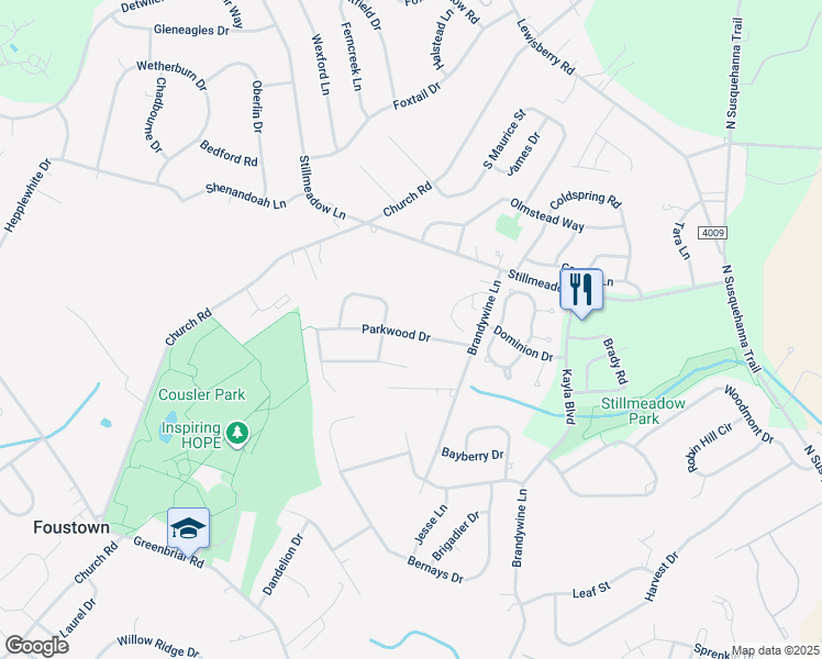 map of restaurants, bars, coffee shops, grocery stores, and more near Parkwood Drive in York County
