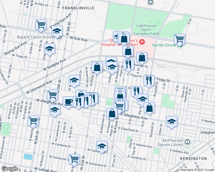 map of restaurants, bars, coffee shops, grocery stores, and more near 3360 North Mascher Street in Philadelphia