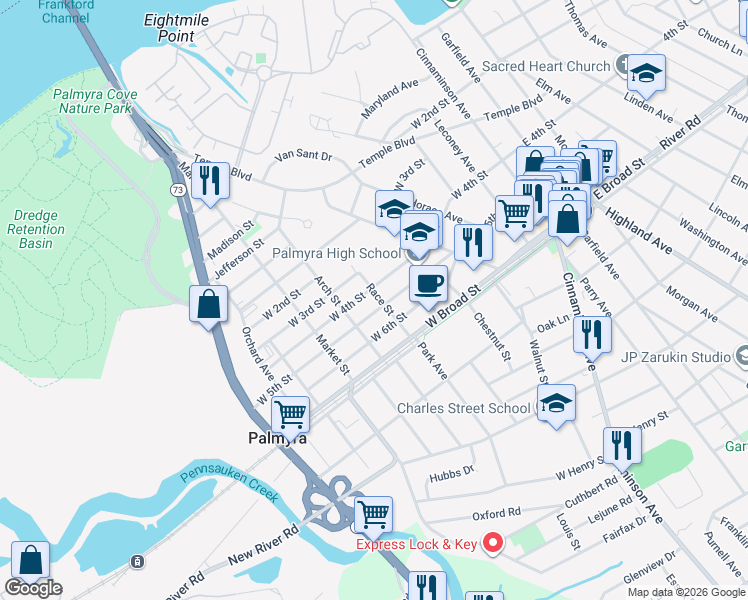 map of restaurants, bars, coffee shops, grocery stores, and more near in Palmyra