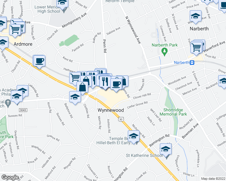 map of restaurants, bars, coffee shops, grocery stores, and more near 50 East Wynnewood Road in Wynnewood