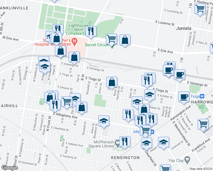 map of restaurants, bars, coffee shops, grocery stores, and more near 3445 Hurley Street in Philadelphia