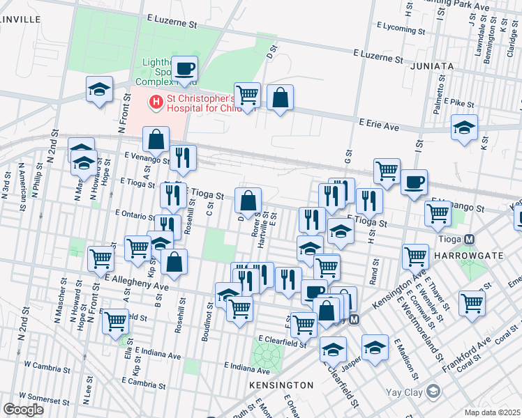 map of restaurants, bars, coffee shops, grocery stores, and more near 3463 Rorer Street in Philadelphia