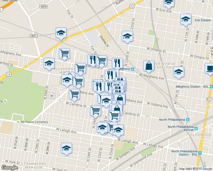 map of restaurants, bars, coffee shops, grocery stores, and more near 3058 North Bonsall Street in Philadelphia