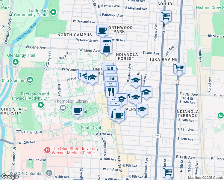 map of restaurants, bars, coffee shops, grocery stores, and more near 11 East 17th Avenue in Columbus