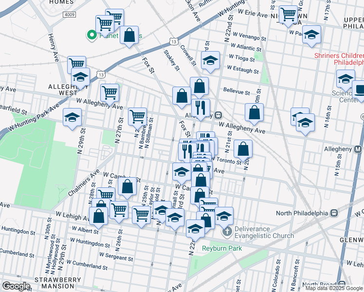 map of restaurants, bars, coffee shops, grocery stores, and more near 3058 North Bonsall Street in Philadelphia
