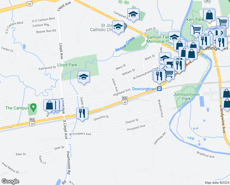 map of restaurants, bars, coffee shops, grocery stores, and more near 407 Highland Avenue in Downingtown