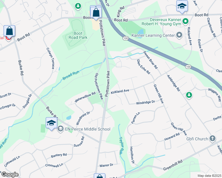 map of restaurants, bars, coffee shops, grocery stores, and more near 1 Kirkland Avenue in West Chester