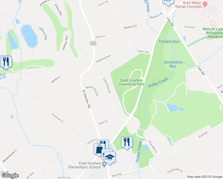map of restaurants, bars, coffee shops, grocery stores, and more near 929 Linda Vista Drive in West Chester