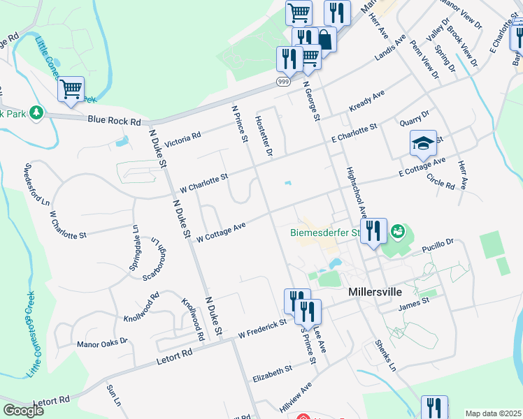 map of restaurants, bars, coffee shops, grocery stores, and more near 101 West Cottage Avenue in Millersville