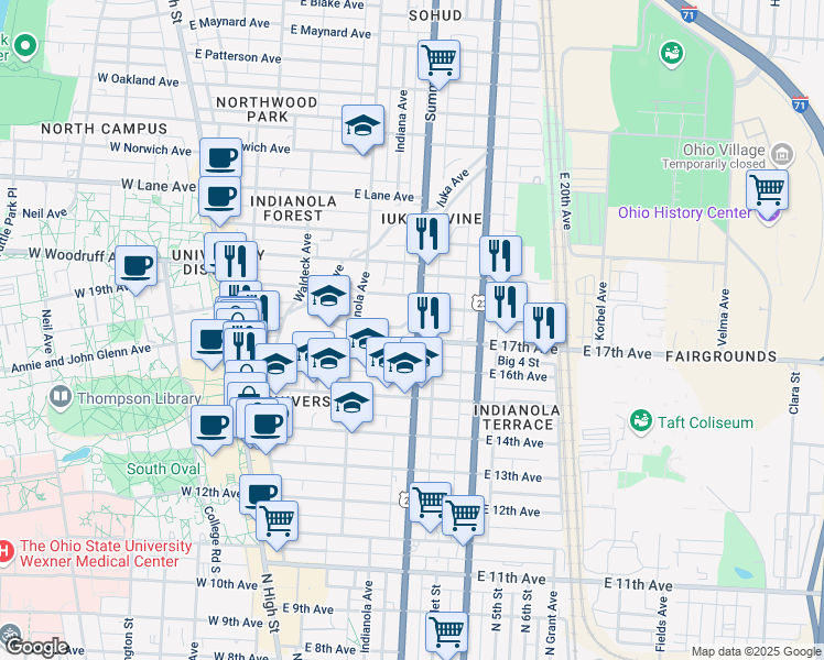 map of restaurants, bars, coffee shops, grocery stores, and more near in Columbus
