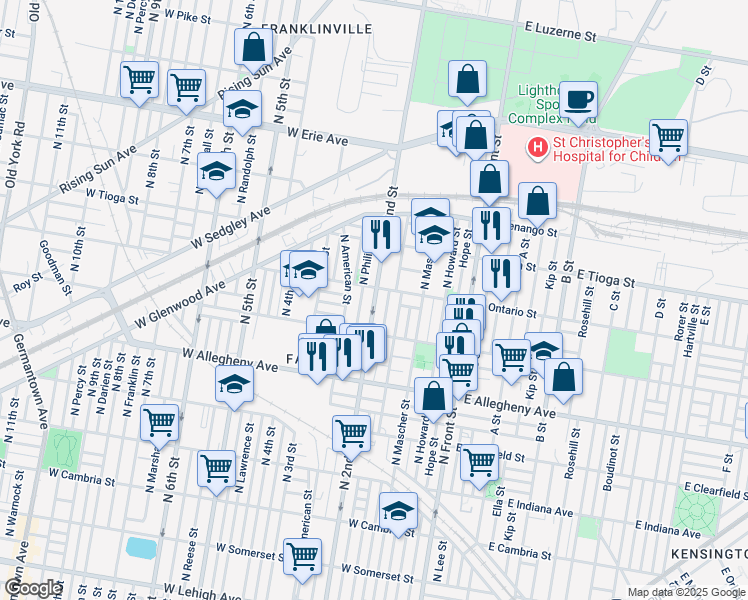 map of restaurants, bars, coffee shops, grocery stores, and more near 3362 North 2nd Street in Philadelphia