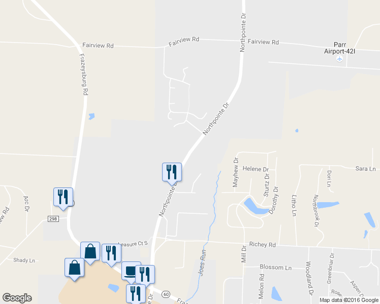 map of restaurants, bars, coffee shops, grocery stores, and more near Northpointe Drive in Zanesville
