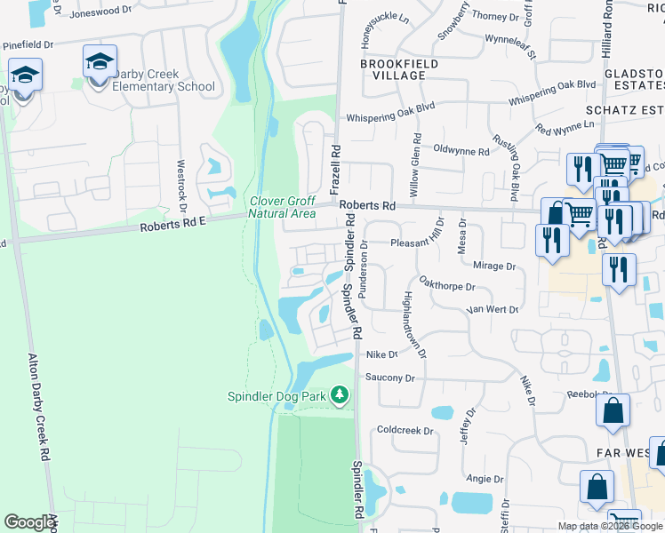 map of restaurants, bars, coffee shops, grocery stores, and more near 5836 Paint Creek Way in Hilliard