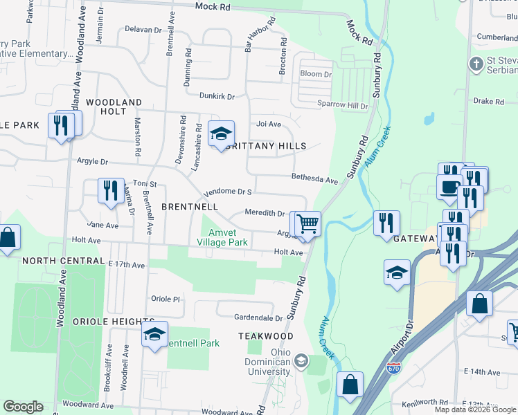 map of restaurants, bars, coffee shops, grocery stores, and more near 2416 Meredith Drive in Columbus