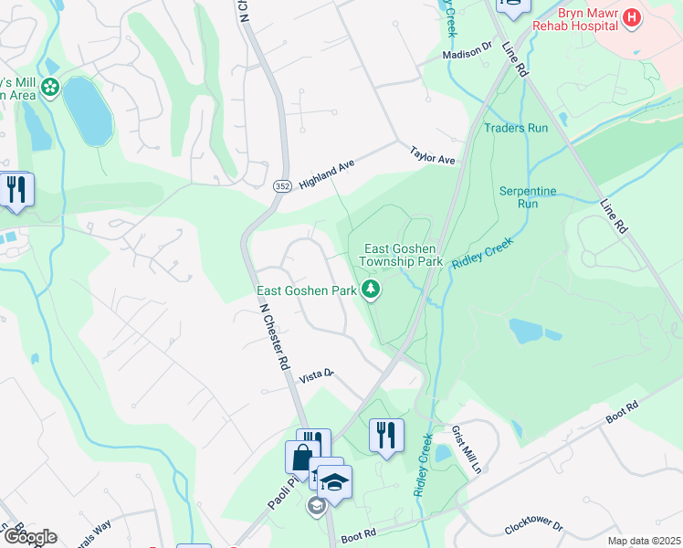 map of restaurants, bars, coffee shops, grocery stores, and more near 929 Linda Vista Drive in West Chester