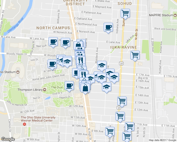 map of restaurants, bars, coffee shops, grocery stores, and more near 51 East 17th Avenue in Columbus