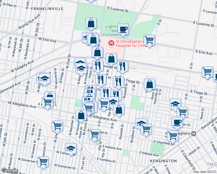 map of restaurants, bars, coffee shops, grocery stores, and more near 3420 Ella Street in Philadelphia