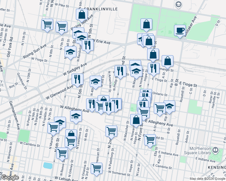 map of restaurants, bars, coffee shops, grocery stores, and more near 3356 North Philip Street in Philadelphia