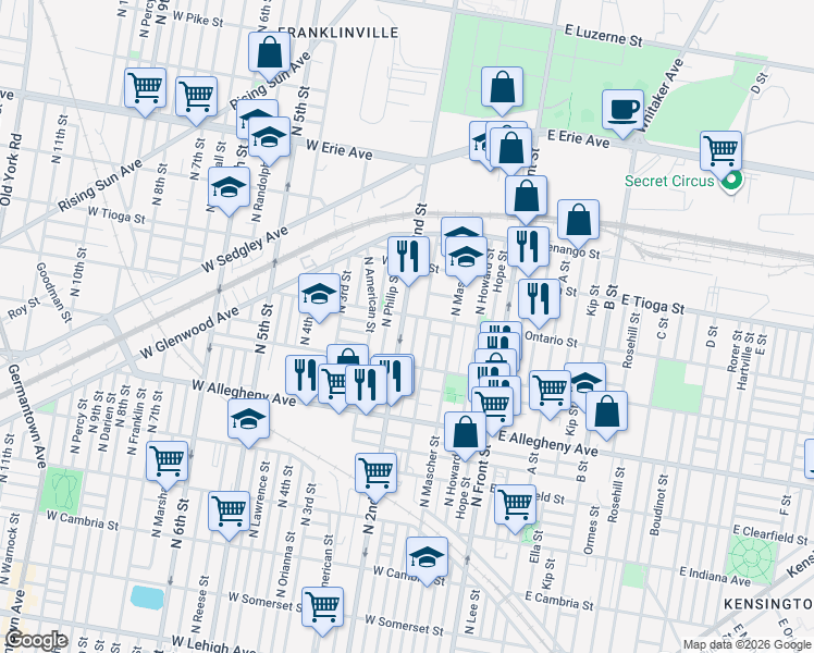 map of restaurants, bars, coffee shops, grocery stores, and more near 190 West Ontario Street in Philadelphia