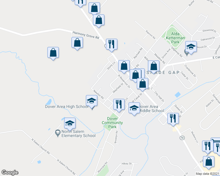 map of restaurants, bars, coffee shops, grocery stores, and more near 5 Kenray Avenue in Dover