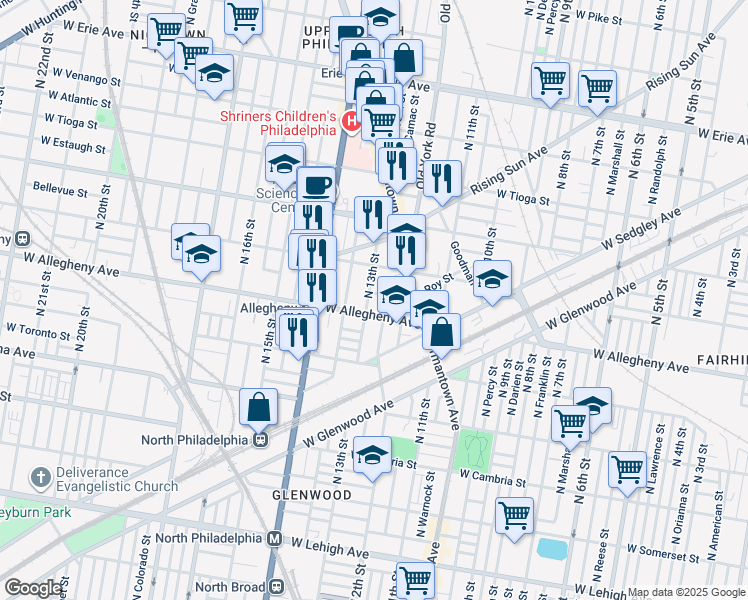 map of restaurants, bars, coffee shops, grocery stores, and more near 1239 West Hilton Street in Philadelphia
