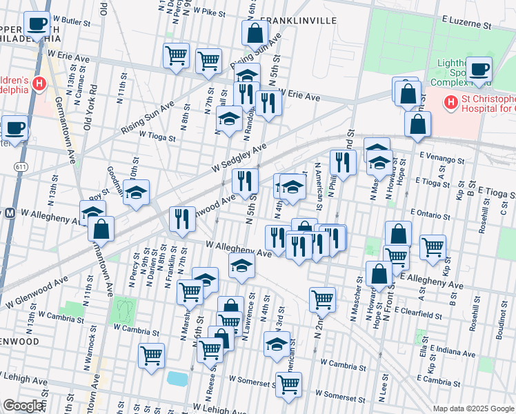 map of restaurants, bars, coffee shops, grocery stores, and more near 3322 North Orkney Street in Philadelphia